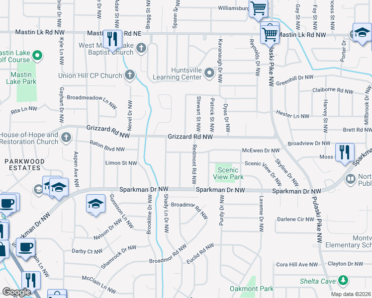 map of restaurants, bars, coffee shops, grocery stores, and more near 2419 Redmont Road Northwest in Huntsville
