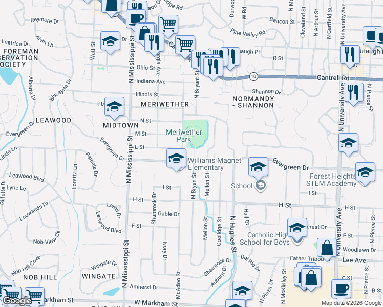 map of restaurants, bars, coffee shops, grocery stores, and more near 1200 North Bryan Street in Little Rock