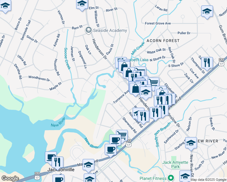 map of restaurants, bars, coffee shops, grocery stores, and more near 302 Roosevelt Road in Jacksonville