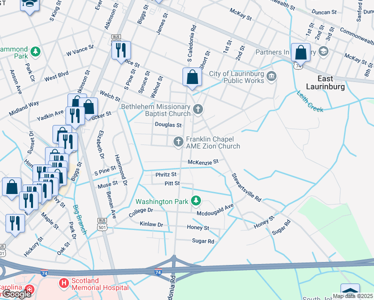 map of restaurants, bars, coffee shops, grocery stores, and more near 412 McKenzie Street in Laurinburg