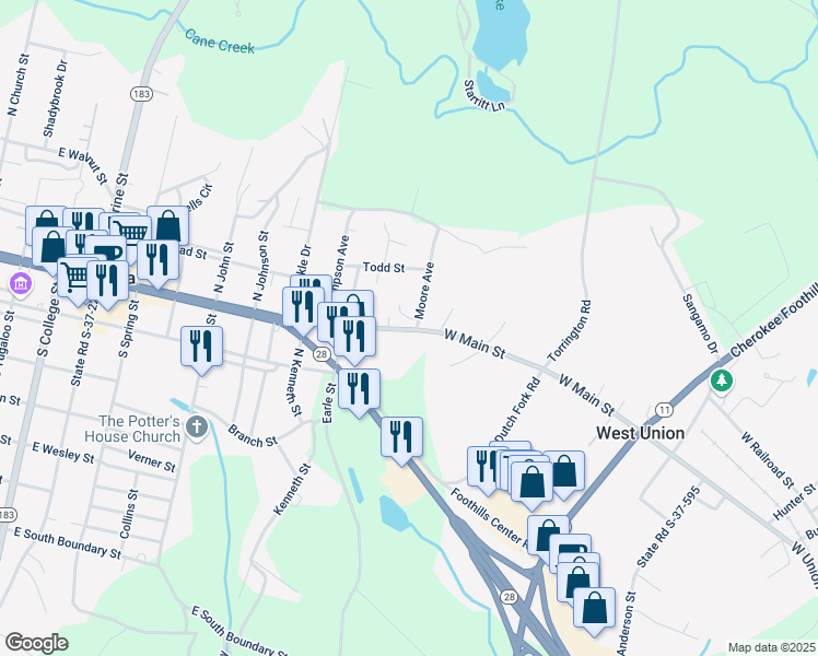 map of restaurants, bars, coffee shops, grocery stores, and more near 800 Highland Glen Court in Walhalla