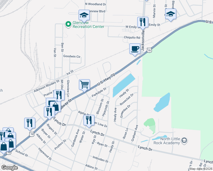 map of restaurants, bars, coffee shops, grocery stores, and more near 408 Parkdale Street in North Little Rock