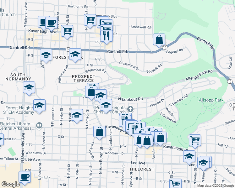 map of restaurants, bars, coffee shops, grocery stores, and more near 4905 North Lookout Road in Little Rock