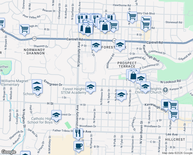 map of restaurants, bars, coffee shops, grocery stores, and more near 5623 L Street in Little Rock