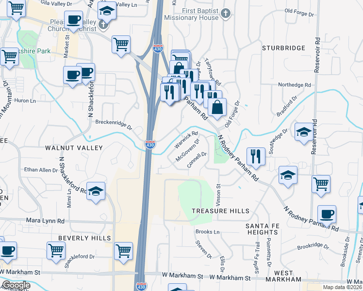 map of restaurants, bars, coffee shops, grocery stores, and more near 20 McGovern Drive in Little Rock