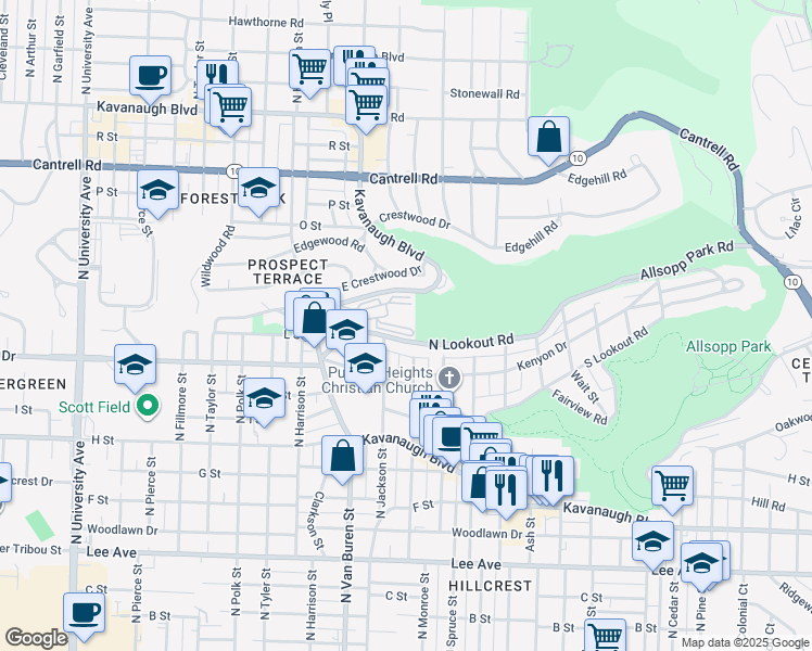 map of restaurants, bars, coffee shops, grocery stores, and more near 3802 Kavanaugh Boulevard in Little Rock