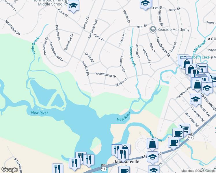 map of restaurants, bars, coffee shops, grocery stores, and more near 300 Delmar Road in Jacksonville
