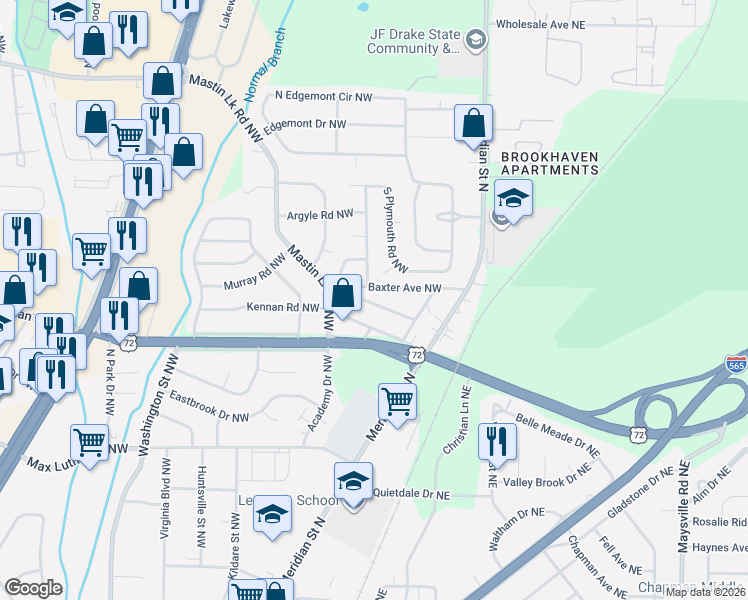 map of restaurants, bars, coffee shops, grocery stores, and more near 300 Mastin Lake Road Northeast in Huntsville