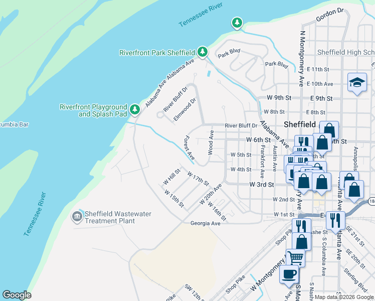 map of restaurants, bars, coffee shops, grocery stores, and more near Forest Avenue in Sheffield