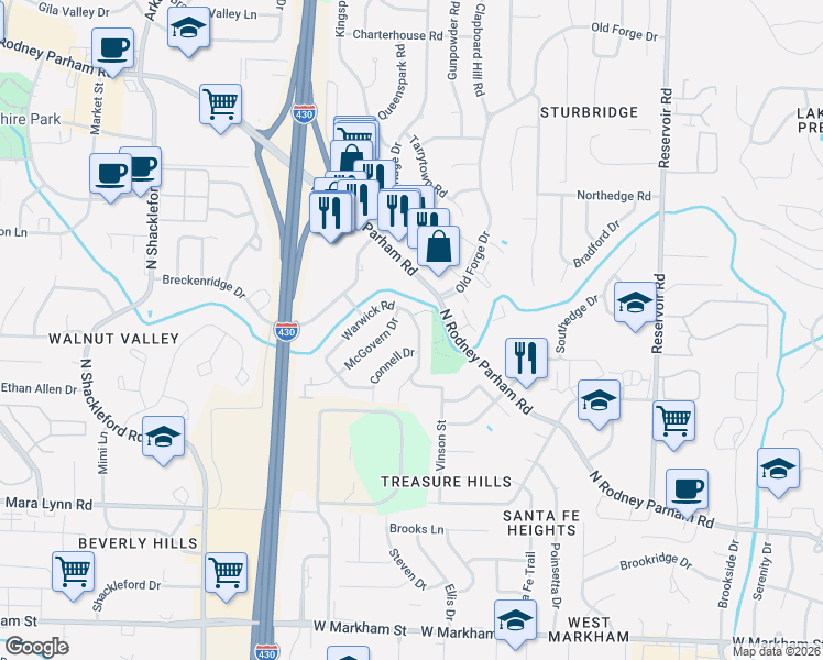 map of restaurants, bars, coffee shops, grocery stores, and more near 48 Warwick Road in Little Rock