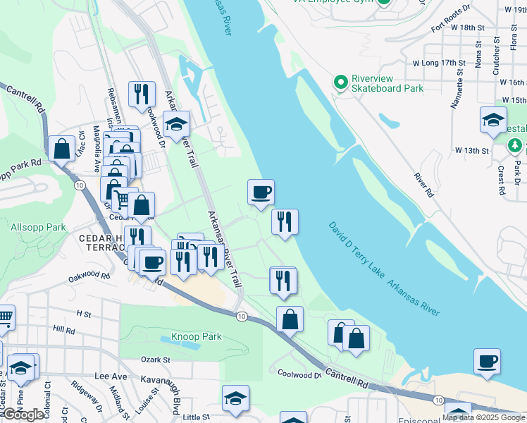 map of restaurants, bars, coffee shops, grocery stores, and more near 1 Allied Drive in Little Rock
