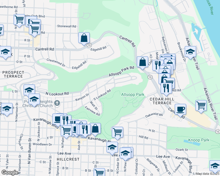 map of restaurants, bars, coffee shops, grocery stores, and more near 4100 Kenyon Drive in Little Rock