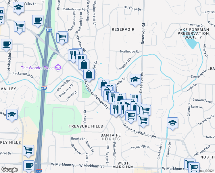 map of restaurants, bars, coffee shops, grocery stores, and more near 1218 Southedge Drive in Little Rock