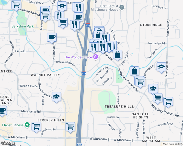 map of restaurants, bars, coffee shops, grocery stores, and more near 1010 Breckenridge Drive in Little Rock