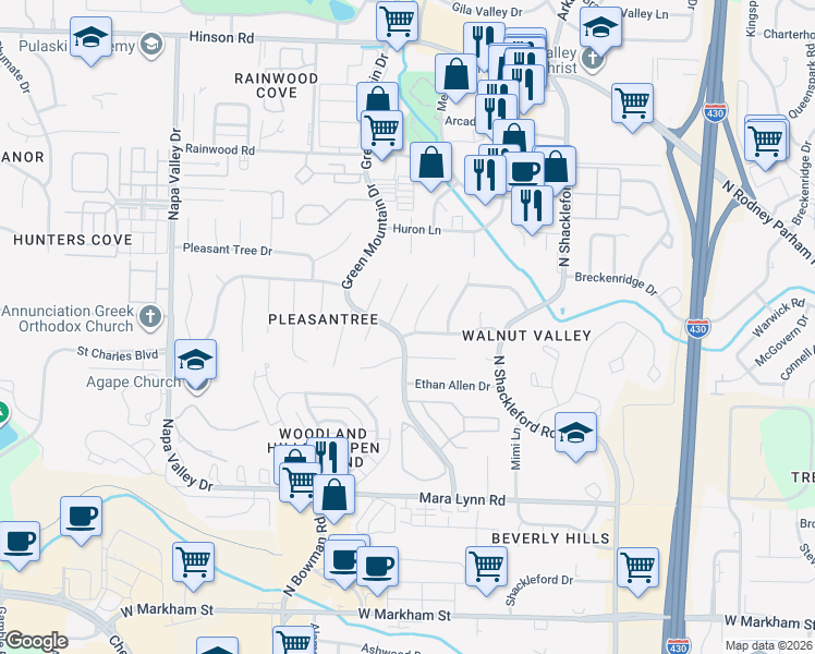 map of restaurants, bars, coffee shops, grocery stores, and more near 1124 Wild Turkey Court in Little Rock