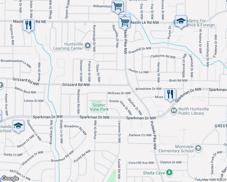 map of restaurants, bars, coffee shops, grocery stores, and more near 3617 Grizzard Road Northwest in Huntsville