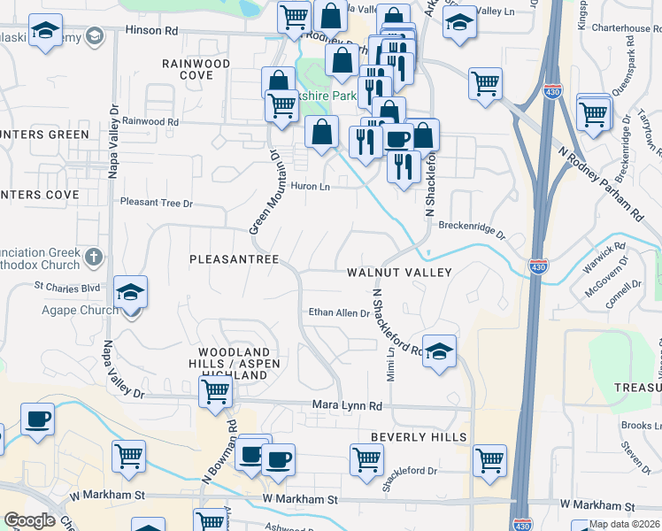 map of restaurants, bars, coffee shops, grocery stores, and more near 1121 Briar Creek Road in Little Rock