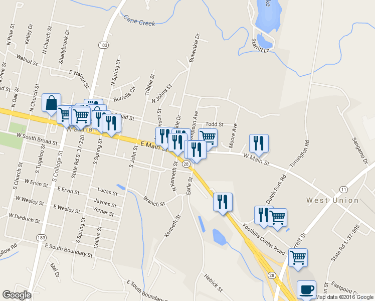 map of restaurants, bars, coffee shops, grocery stores, and more near 801 West Main Street in Walhalla