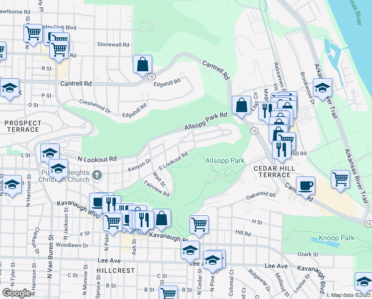 map of restaurants, bars, coffee shops, grocery stores, and more near 4014 North Lookout Drive in Little Rock