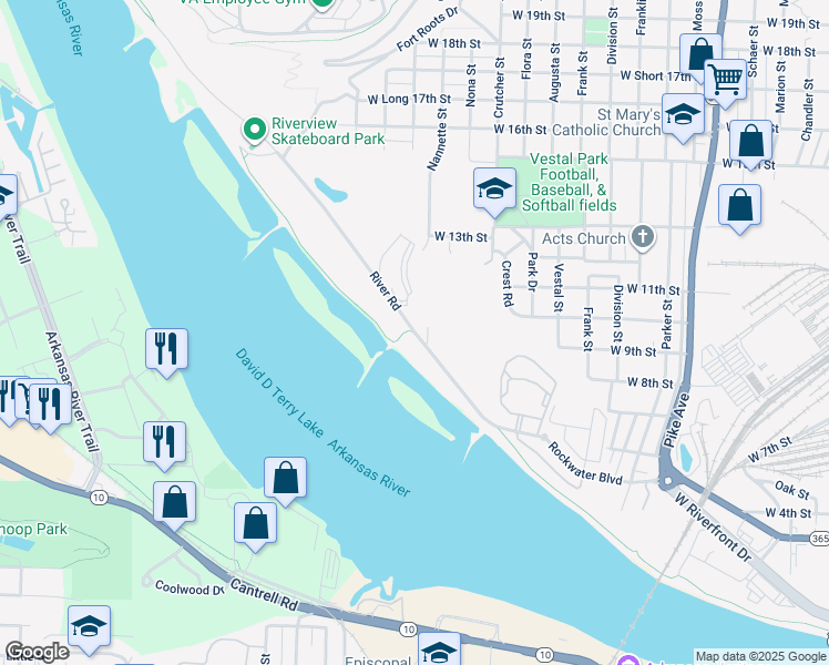 map of restaurants, bars, coffee shops, grocery stores, and more near 2243 River Road in North Little Rock