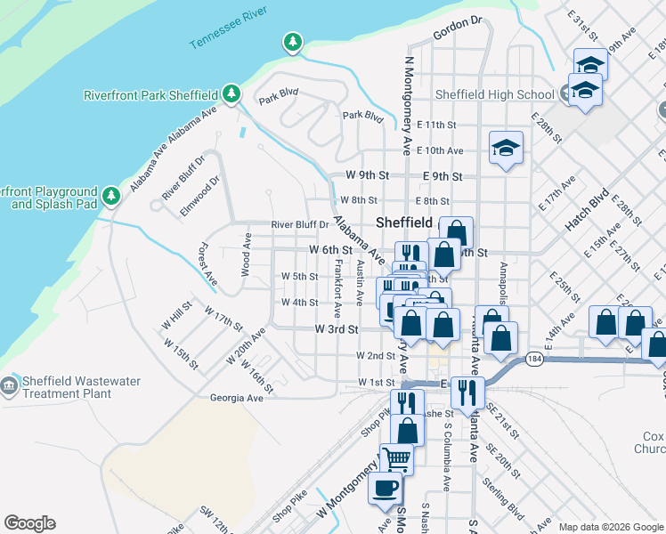 map of restaurants, bars, coffee shops, grocery stores, and more near 301-497 6th Street West in Sheffield