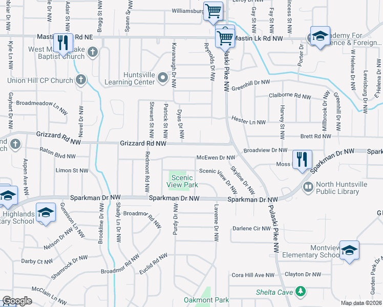 map of restaurants, bars, coffee shops, grocery stores, and more near 3617 Grizzard Road Northwest in Huntsville