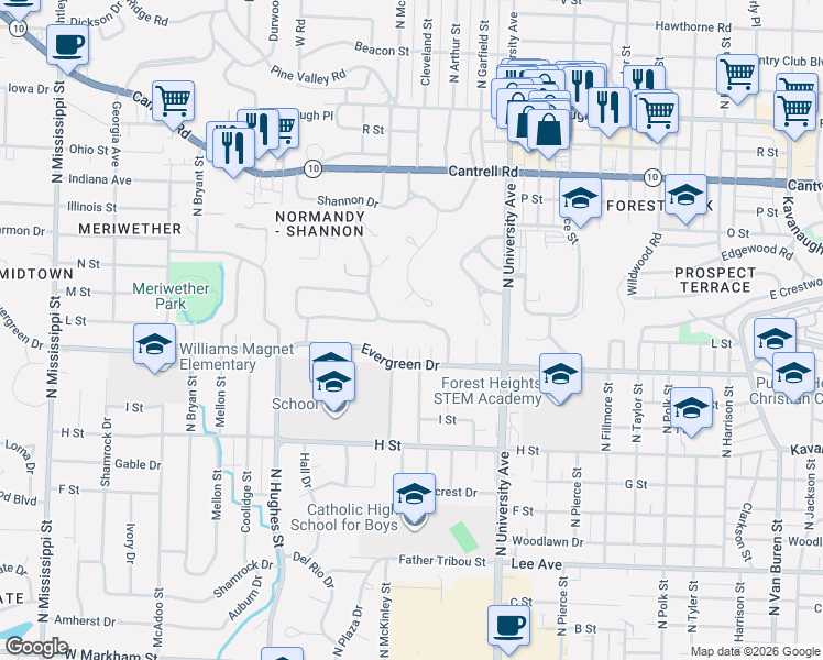 map of restaurants, bars, coffee shops, grocery stores, and more near 8 Ranch Valley Road in Little Rock