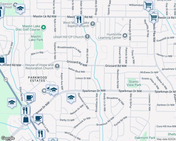 map of restaurants, bars, coffee shops, grocery stores, and more near 4502 Raton Boulevard Northwest in Huntsville