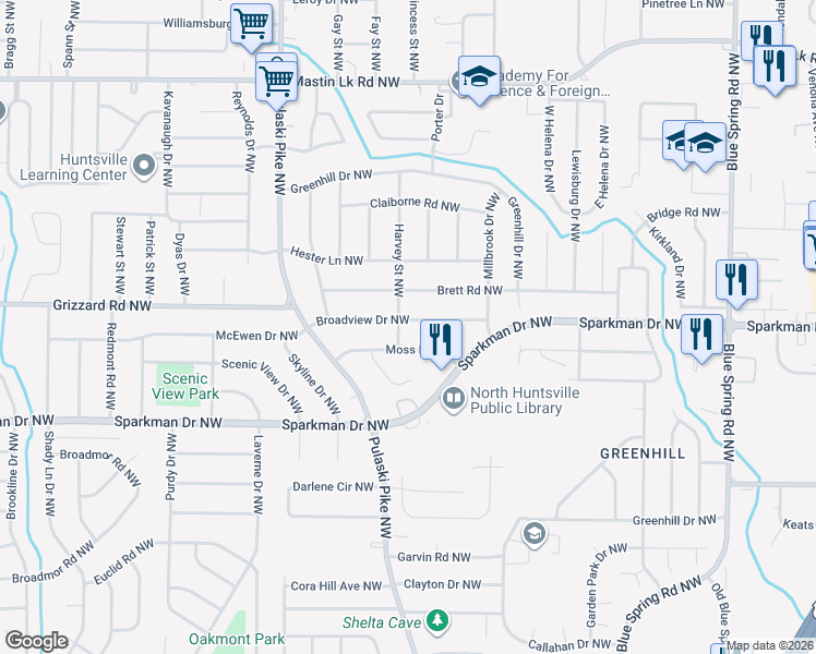 map of restaurants, bars, coffee shops, grocery stores, and more near 2818 Broadview Drive Northwest in Huntsville