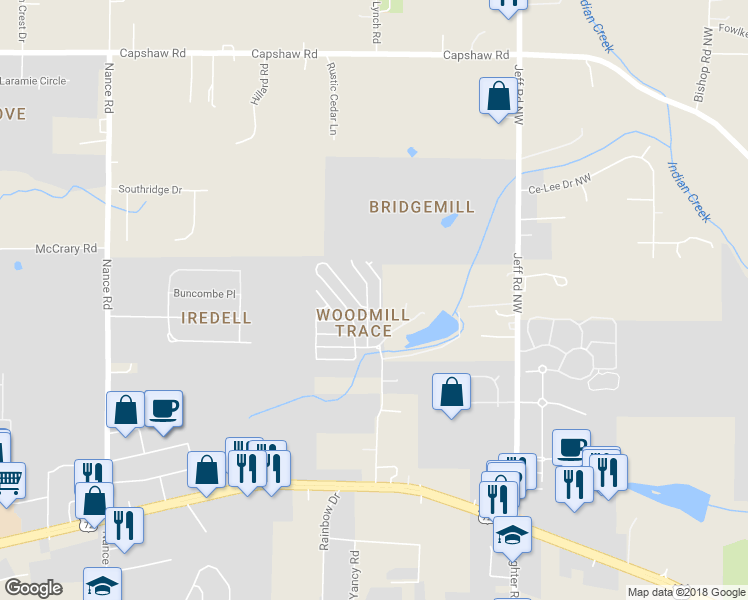 map of restaurants, bars, coffee shops, grocery stores, and more near 1806 Rushing Wood Drive Northwest in Madison