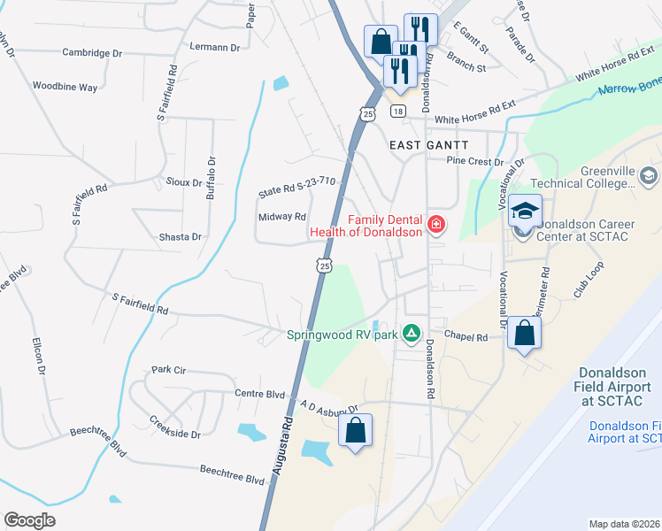 map of restaurants, bars, coffee shops, grocery stores, and more near 6605 Augusta Road in Greenville