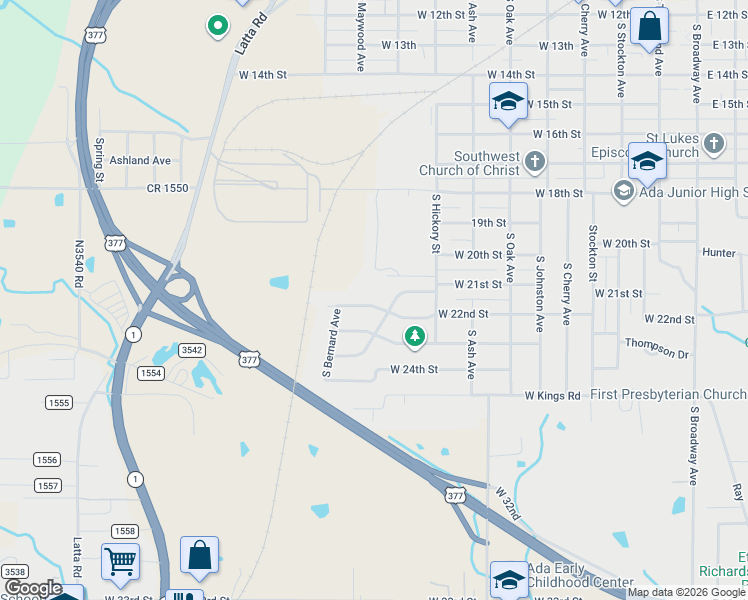 map of restaurants, bars, coffee shops, grocery stores, and more near 916 West 22nd Street in Ada