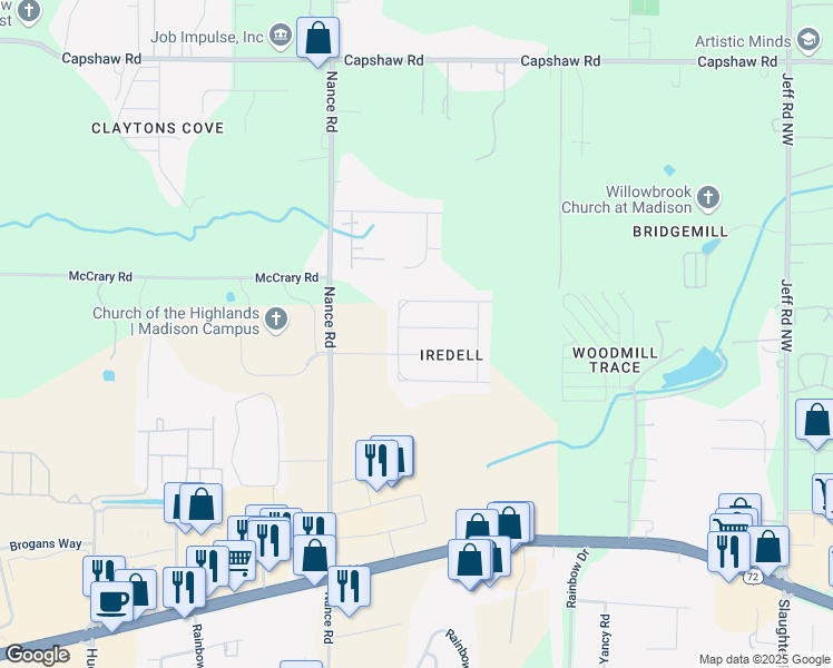 map of restaurants, bars, coffee shops, grocery stores, and more near 7726 North Catawba Circle Northwest in Madison