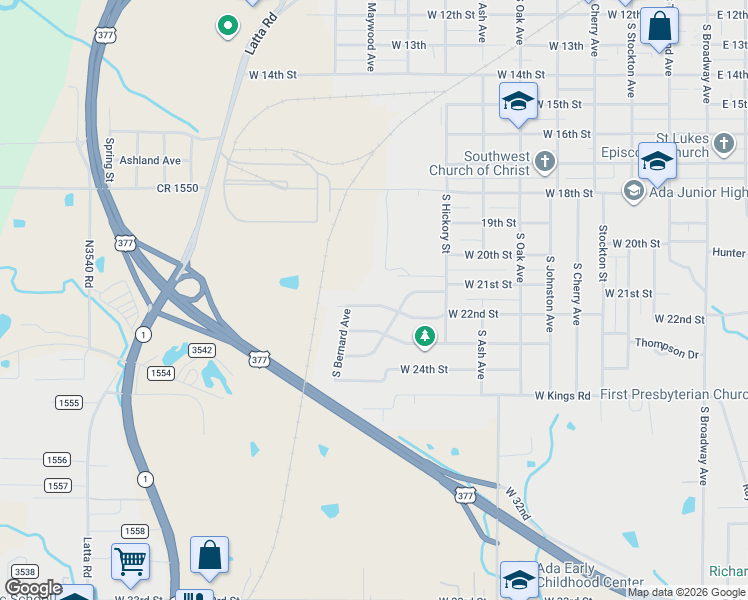 map of restaurants, bars, coffee shops, grocery stores, and more near 916 West 22nd Street in Ada
