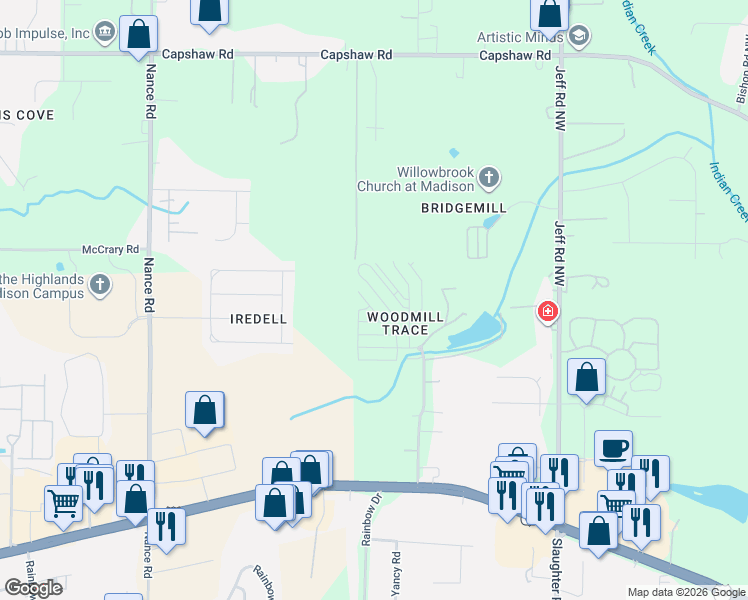 map of restaurants, bars, coffee shops, grocery stores, and more near 1832 Mill Creek Road Northwest in Madison