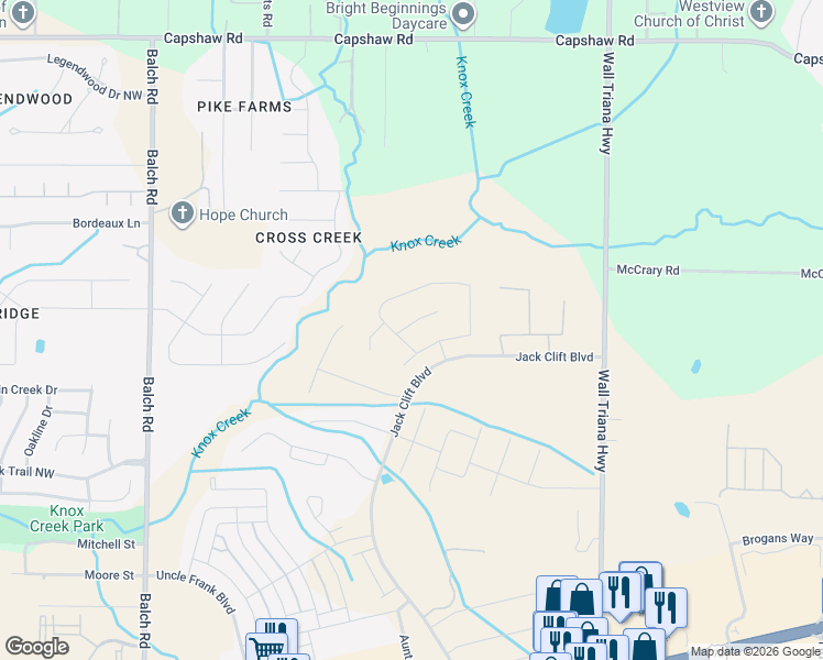 map of restaurants, bars, coffee shops, grocery stores, and more near 156 Winding Creek Road Northwest in Madison