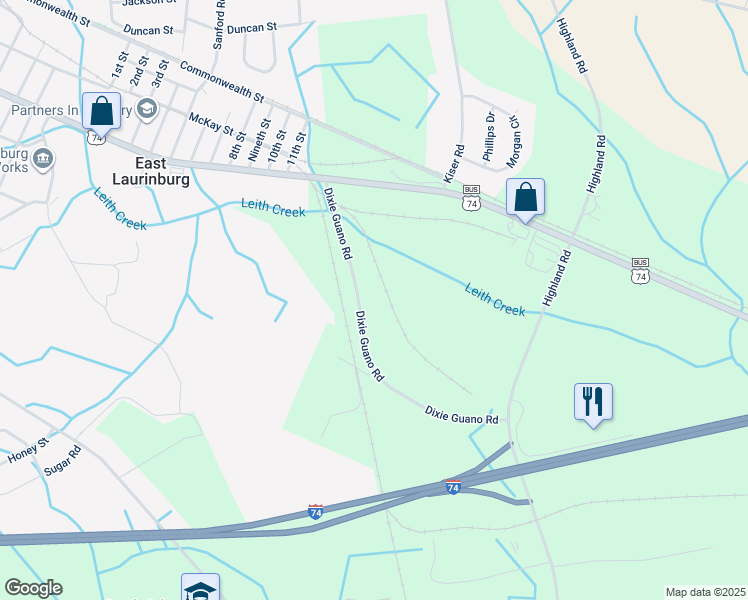 map of restaurants, bars, coffee shops, grocery stores, and more near 14001 Dixie Guano Road in Laurinburg