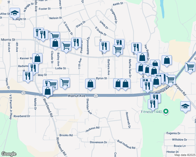 map of restaurants, bars, coffee shops, grocery stores, and more near 1507 Byron Street in Dalton