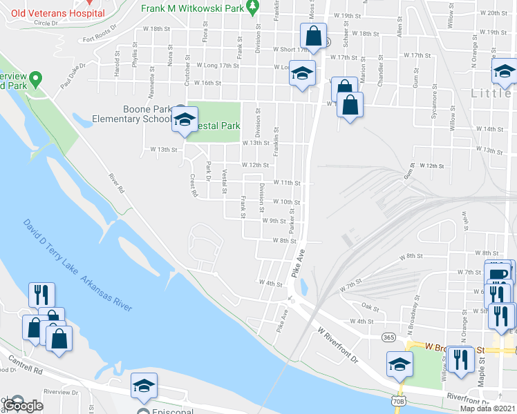 map of restaurants, bars, coffee shops, grocery stores, and more near 1305 West 10th Street in North Little Rock