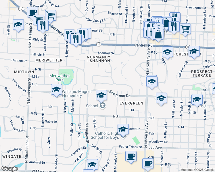 map of restaurants, bars, coffee shops, grocery stores, and more near 55 Pine Manor Drive in Little Rock