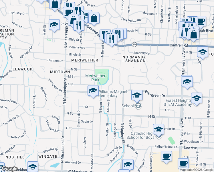 map of restaurants, bars, coffee shops, grocery stores, and more near 1304 Mellon Street in Little Rock