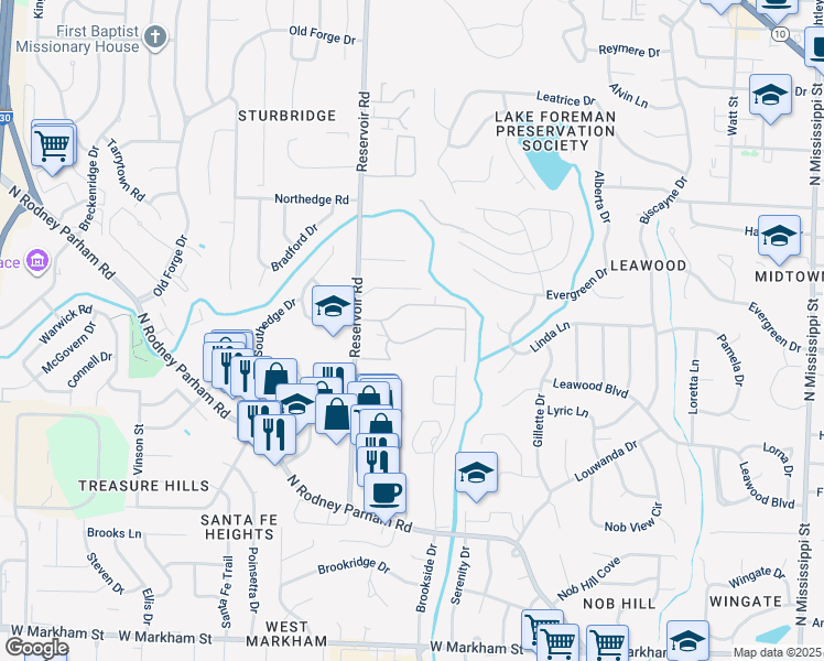 map of restaurants, bars, coffee shops, grocery stores, and more near 1221 Reservoir Road in Little Rock
