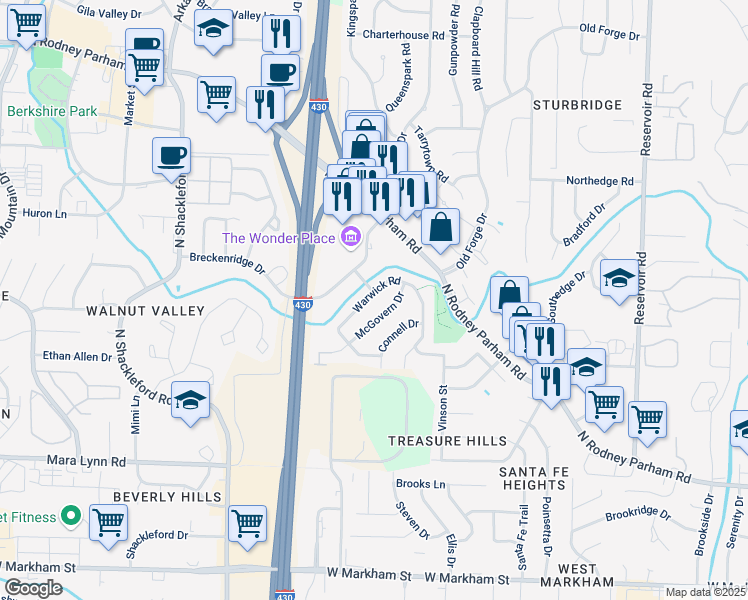 map of restaurants, bars, coffee shops, grocery stores, and more near 1001 Converse Drive in Little Rock