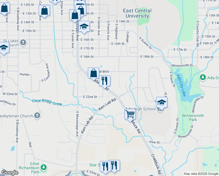 map of restaurants, bars, coffee shops, grocery stores, and more near 1198 Cradduck Road in Ada