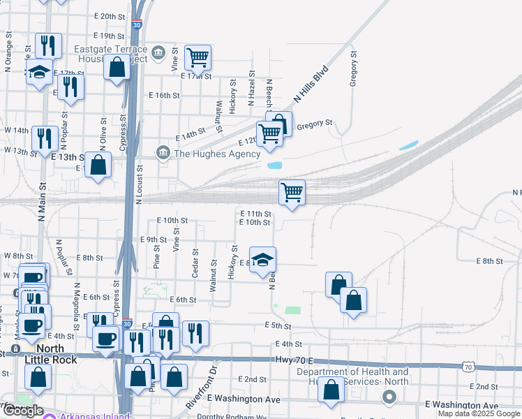 map of restaurants, bars, coffee shops, grocery stores, and more near 1109 East 11th Street in North Little Rock