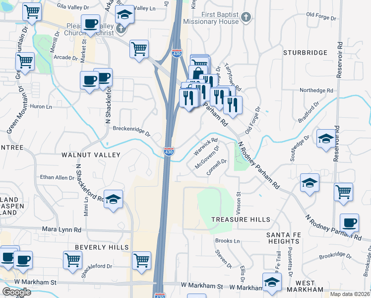 map of restaurants, bars, coffee shops, grocery stores, and more near 1001 Breckenridge Drive in Little Rock