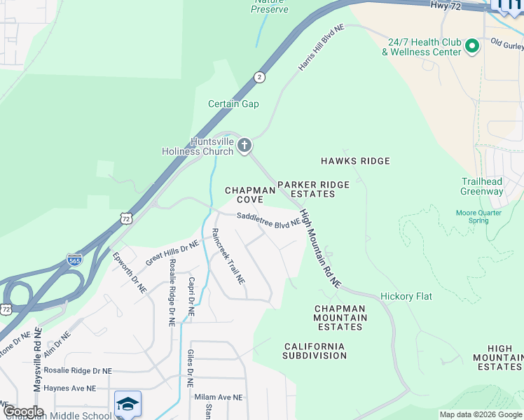 map of restaurants, bars, coffee shops, grocery stores, and more near 2204 Forrest Chapel Circle Northeast in Huntsville