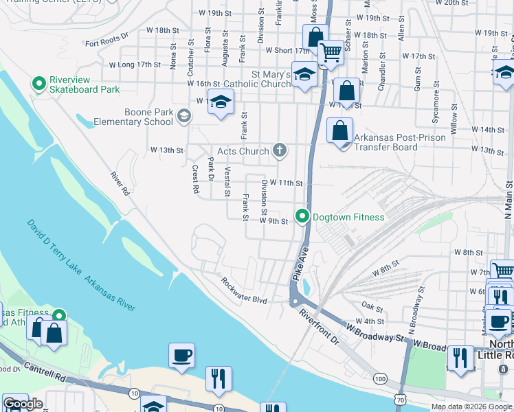 map of restaurants, bars, coffee shops, grocery stores, and more near 1305 West 10th Street in North Little Rock