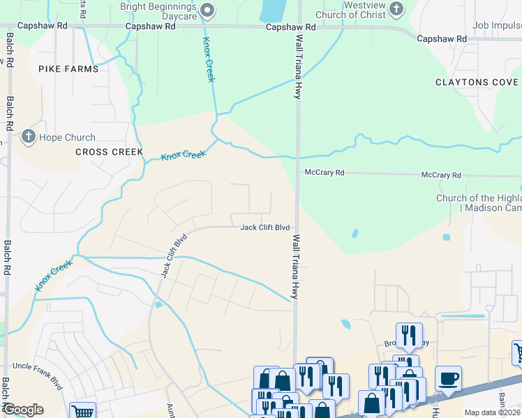 map of restaurants, bars, coffee shops, grocery stores, and more near 6259 Wall Triana Highway in Madison