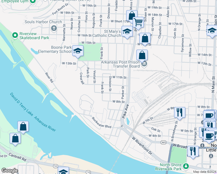map of restaurants, bars, coffee shops, grocery stores, and more near 919 Division Street in North Little Rock